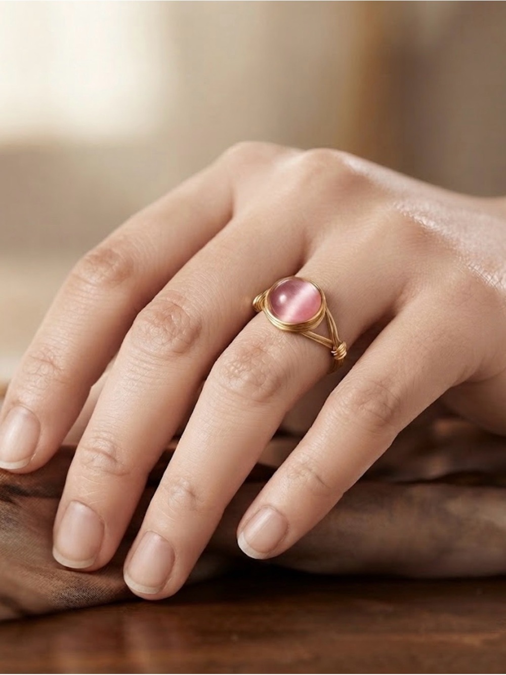 Artisan Pink cat eye  Gold Wire-Wrapped Ring all sizes
